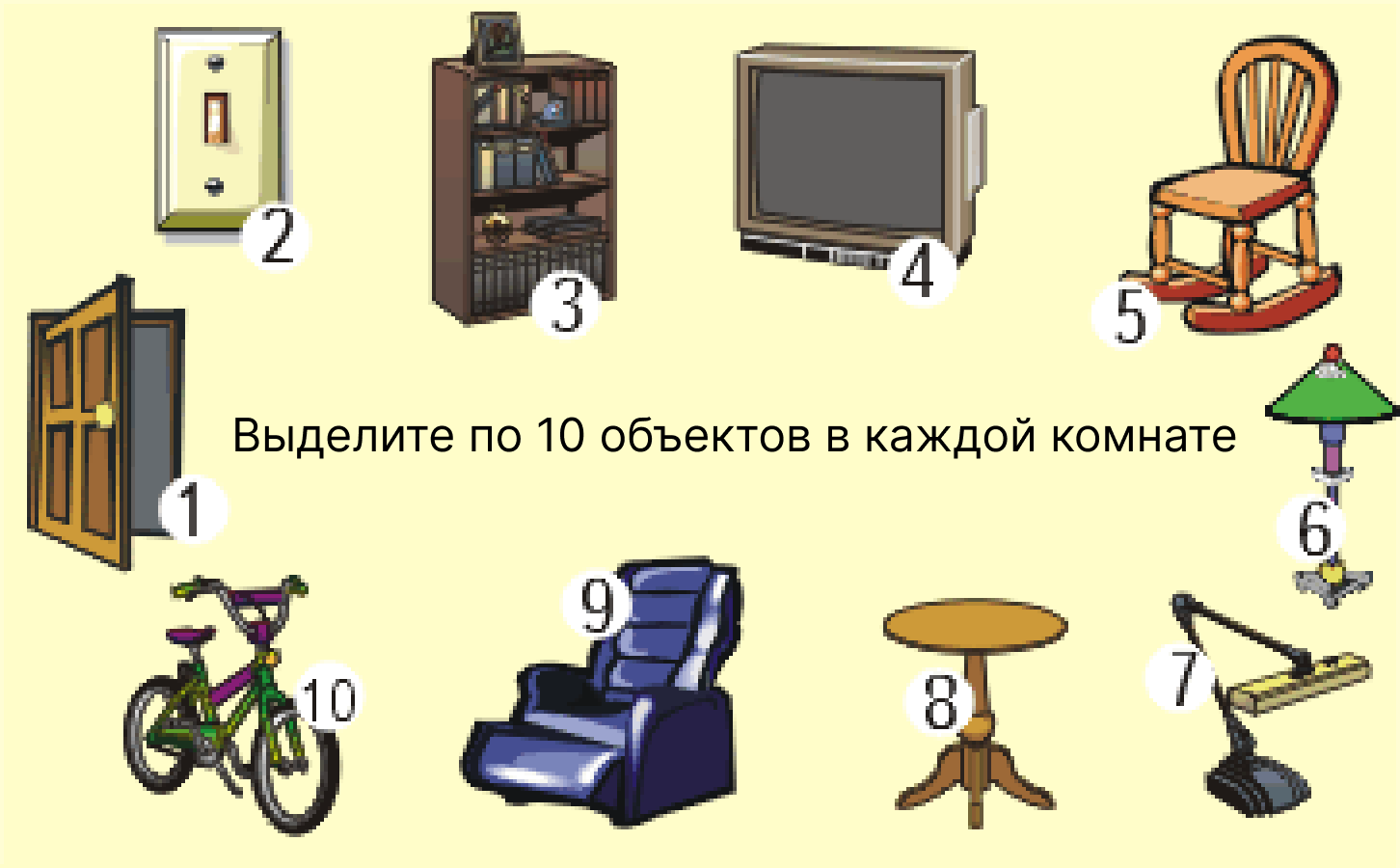 Десять предметов. расположены в каждой комнате по часовой стрелке - Слева на право.